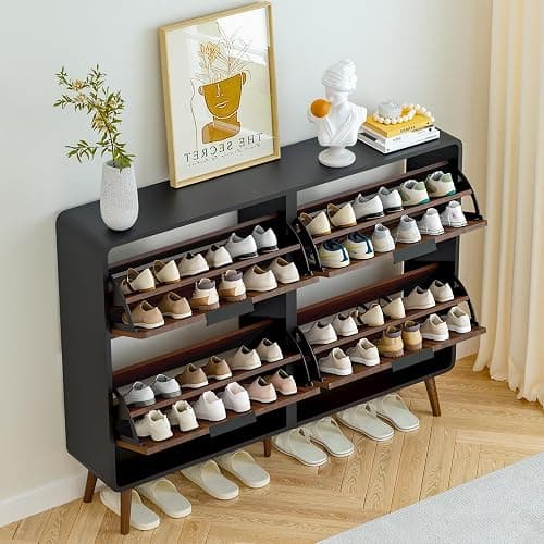 47" Fluted Large Shoe Cabinet with 4 Flip Drawers, Slim Freestanding Shoe Cabinet Organizer, Narrow Shoes Storage Rack for Entryway, 5 Sturdy Legs (Walnut and Black, 9.45" D x 47.24" W x 35.83" H) - Walnut and Black - 9.45"D x 47.24"W x 35.83"H thumbnail 4