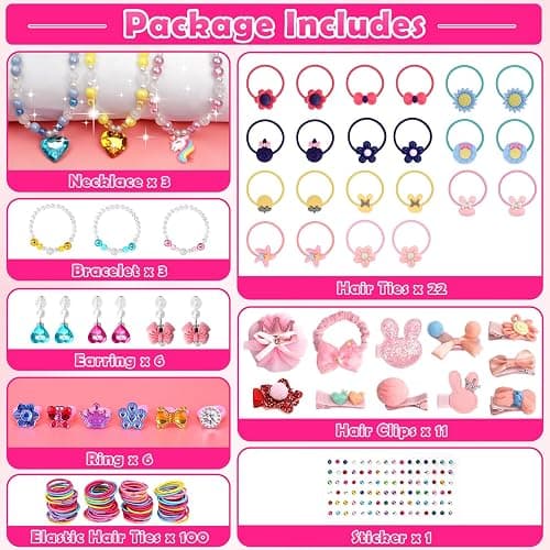 Kids Jewelry Kit Girls Toys, 153pcs Girls Dress Up Play Jewelry Set Kids Toys with Necklaces Bracelets Rings Earrings Hair Accessories and Storage Box, Christmas Birthday Gifts for 3-8 Year Old Girl thumbnail 4