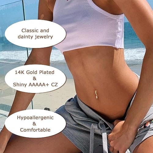 FIBO STEEL 14K Gold Plated Belly Button Rings for Women Clicker Dangle Belly Rings CZ Pearl Star Shells Barbell Navel Rings 316L Surgical Steel Belly Piercing Jewelry 14G thumbnail 4