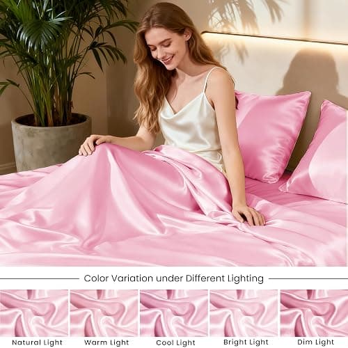 Love's cabin Twin Satin Sheets Sets - 3 Piece Pink Silky Bed Sheets with Deep Pockets, Luxury Silk Feel Satin Twin Size Sheet Set Bedding Set (1 Flat Sheet,1 Fitted Sheet,1 Pillow case) thumbnail 7