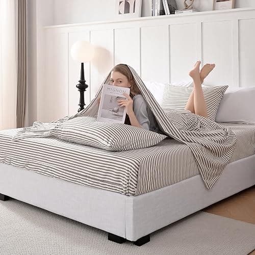 JELLYMONI 100% Cotton Bed Sheets Set – Grey and White Stripes, King Size, Soft Bedding with Deep Pocket Fitted Sheet, Flat Sheet & Pillowcases thumbnail 3