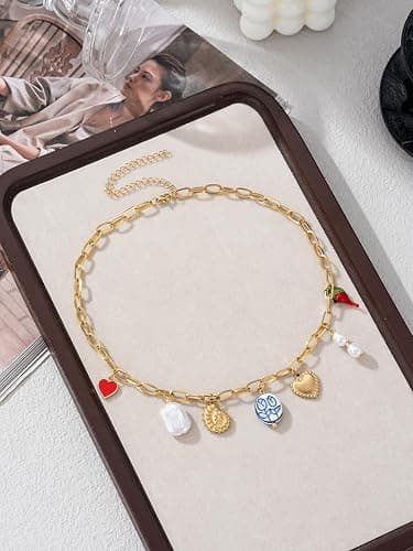 Trendy Stainless Steel Gold Plated Charm Necklace with Heart Pearl Pepper Conch Ceramic Pendant Necklace for Women Collares Chokers Jewelry thumbnail 3