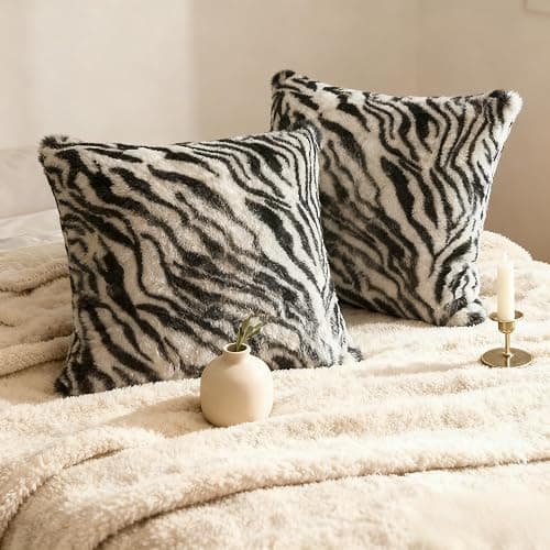 Entua Black White Square Pillow Cover Soft Fluffy Fuzzy Faux Fur Zebra Stripe Throw Pillows Modern Decorative Accent Cushion Covers Pillowcase for Couch Sofa Living Room Bedroom, 18x18 thumbnail 4