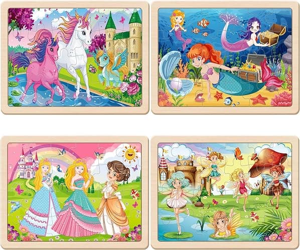 Wooden Puzzles for Kids Ages 4-6, 4 Packs 24 PCs Unicorn Mermaid Princess Fairy Jigsaw Puzzles, Preschool Educational Brain Teaser Toys for Girls 3 4 5 6 Years Old. thumbnail 3