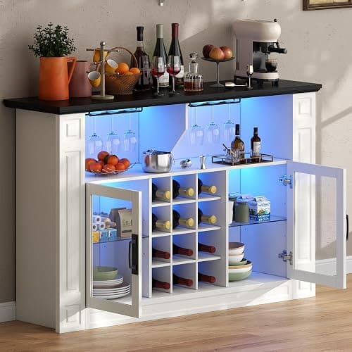 Gyfimoie Wine Bar Cabinet with LED Light, Kitchen Coffee Bar Cabinet with Glass Rack and Removable Wine Racks, Liquor Cabinet with Glass Door, Home Bar with Storage for Dining Room, Living Room thumbnail 5