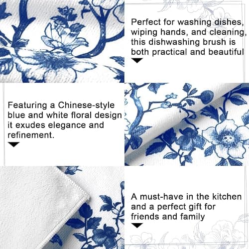 HunnmingRe 2 Pcs Chinoiserie Floral Kitchen Towels Blue White Flowers Dish Towels 18 x 28 Inch Vintage Farmhouse Cottage Decor Toile De Jouy Dish Microfiber Hand Drying for Bathroom French Country thumbnail 4