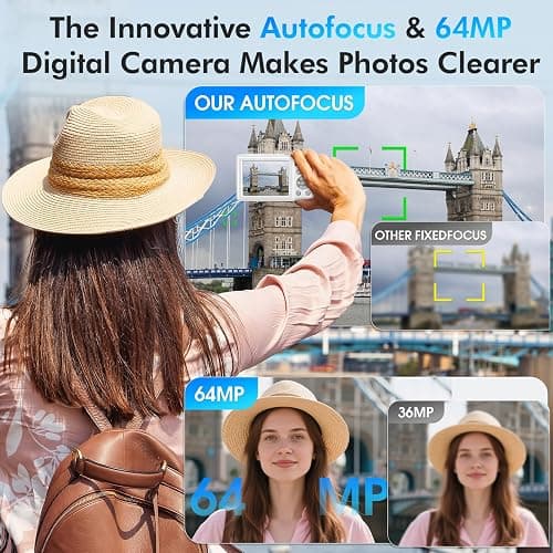4K Digital Camera, 64MP Autofocus Vlogging Camera with Dual Lens, 16X Digital Zoom YouTube Compact Travel Point Shoot Camera for Teens Beginner, Anti-Shake,2 Batteries, 32GB Card (White) thumbnail 3