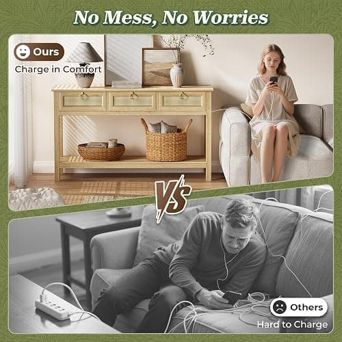 SUPERJARE Rattan Console Sofa Table with Outlets and USB-C Port, 3 Drawer Entryway Table with Synthetic Rattan Surface, Open Shelf, Behind Couch Entry Foyer Hallway Storage, Natural thumbnail 5