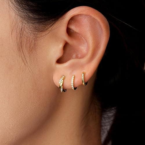 Poxtex Small Sterling Silver Huggie Hoop Earrings Set for Women, Hypoallergenic 14K Gold Plated Hoops Stacks for Multiple Piercings, Dainty Cute Mini Lightweight Cartilage Studs Trendy Jewelry Gift thumbnail 2