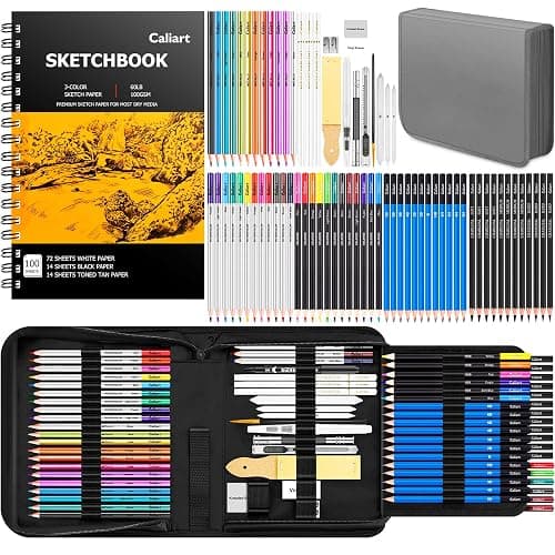 Caliart 176PCS Art Supplies Sketching Kit with 100 Sheets 3-Color Sketch Book, Graphite Colored Charcoal Watercolor & Metallic Pencils, Drawing Supplies Christmas Gifts for Artists Adults Beginners - Image 1