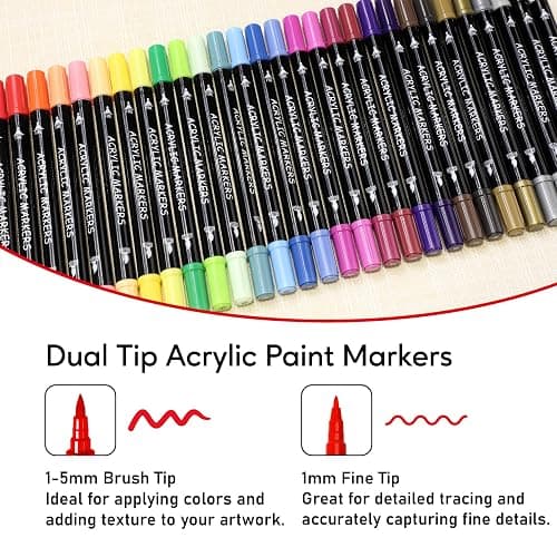 Recheel 30 Colors Acrylic Paint Markers, Dual Tip Fine and Brush Tips for Detailed Art, Crafting, Rock Painting, Wood, Glass, Ceramic, and More thumbnail 3