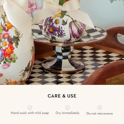 MACKENZIE-CHILDS Enamel Pedestal Serving Platter, Decorative Serving Dish for Food, Mini, Black-and-White Courtly Check thumbnail 5