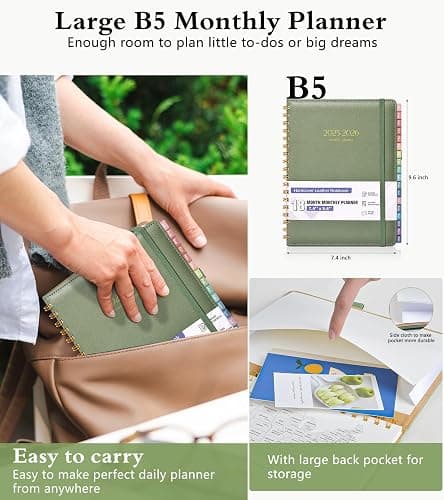 Monthly Planner 2025-2026, 15 Months Hardcover Calendar Planner from October 2025 - December 2026, 7.4'' x 9.6'' Monthly Planner with Tabs, Spiral Daily Planner Perfect for Office School Teacher Student, Green thumbnail 5