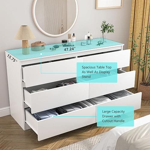 Vibe & Dine White Dresser 6 Drawer, Modern Double Dresser for Bedroom, Wood Chest of Drawers with Wide Storage for Living Room thumbnail 5