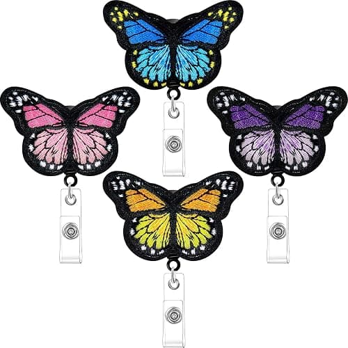 4 Pieces Butterfly Badge Reels Retractable Nurse Badge Holder Cute Butterfly ID Badge Reel with Alligator Clips for Nurses, Volunteers, Students, Teachers (Pink, Yellow, Cyan, Purple) - Image 1