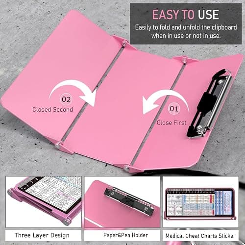 Nursing Clipboard Foldable, Foldable Clip Board w/Nursing Edition Cheat Charts, 3 Layers Aluminum, Nurse Plank w/Low Profile Clip&Pen Clip Pocket for Students, Nurses and Doctors, Pink thumbnail 5