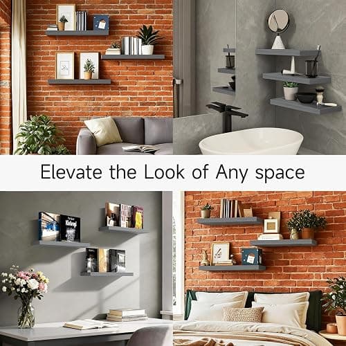 BAYKA Grey Floating Shelves for Wall, Wall Mounted Rustic Wood Shelves for Bathroom, Bedroom, Living Room, Kitchen,Small Hanging Shelf for Books/Storage/Room Decor (Set of 3, 15.7in) thumbnail 7