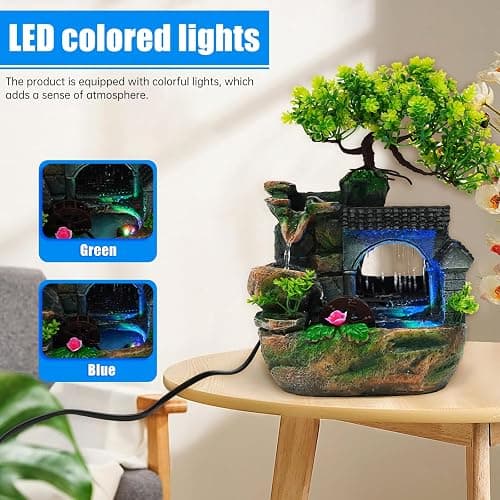 Tabletop Waterfall Fountain – 11 in Rockery Humidifier with Color-Changing LED Light, Adjustable Pump & Faux Bonsai Tree, Resin Indoor Desk Fountain Décor for Bedroom, Office, Aquarium, Meditation thumbnail 4