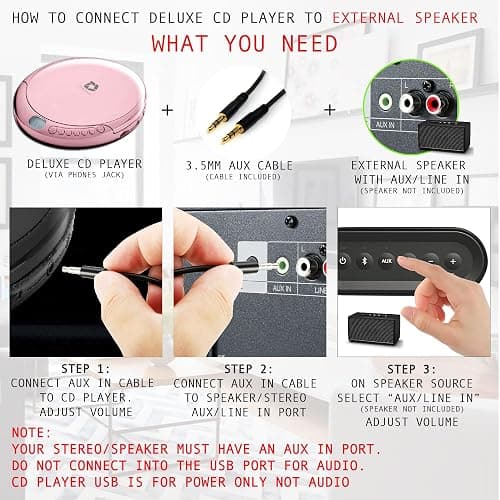 Deluxe Products CD Player Portable with 60 Second Anti Skip, Stereo Earbuds, Includes Aux in Cable and AC USB Power Cable for use at Home or in Car. Pink thumbnail 4