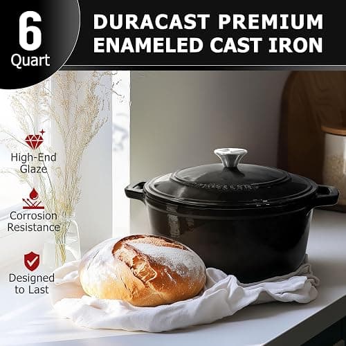 MUELLER HOME 6 Quart Enameled Cast Iron Pot Dutch Oven, Heavy-Duty Oven-Safe up to 500° F, & Across All Cooktops, Casserole Dishes for Ovens, Bread Pan with Lid and Knob, Cast Iron Cookware, Black thumbnail 3