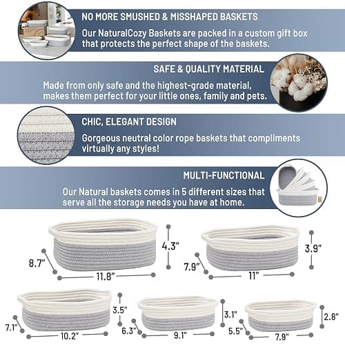 NaturalCozy 5-Piece Rectangle Storage Basket Set- Natural Cotton Rope Woven Baskets for Organizing! Small Basket for Montessori, Baby Nursery, Dog Toy Baskets, Cat Toy Box, Bathroom Organization Bin thumbnail 3