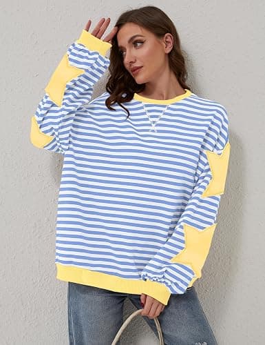 TERIVEEK Women Oversized Striped Color Block Long Sleeve Crew Neck Sweatshirt Casual Loose Pullover Y2K Shirt Top thumbnail 6