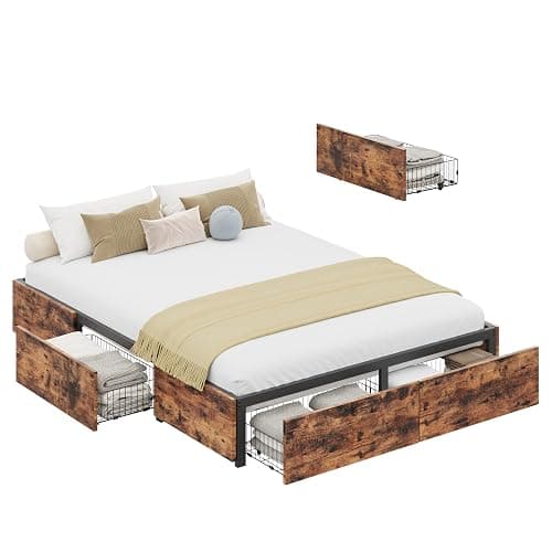 LIKIMIO Queen Bed Frame with Storage, 4 Drawers and Heavy Strong Metal Support Frames, Solid Stable, Noise-Free, No Box Spring Needed, Easy Assembly, Vintage Brown thumbnail 9