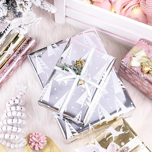 WRAPAHOLIC Christmas Wrapping Paper Roll - Mini Roll - 3 Rolls - 17 Inch X 120 Inch Per Roll - Christmas Tree, Reindeer, Snowflake Holiday Collection with Metallic Foil Shine thumbnail 7