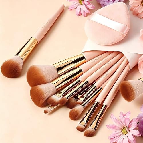 Real Perfection Makeup Brushes Set 14 Pcs with 1 Foldable Silicone Cleaner Bowl and 1 Powder Puff, Professional Foundation Eyeshadow Concealer Blush Powder Bronzer Make up Brushes Kit - Pink thumbnail 9