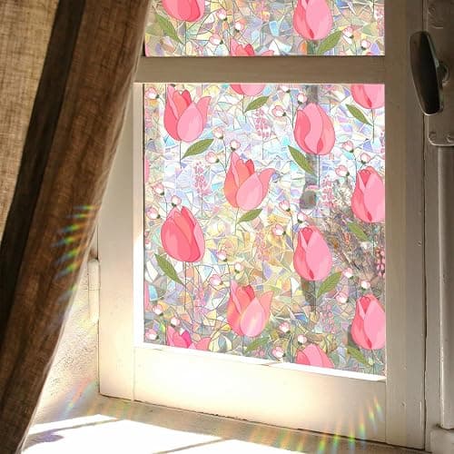 WBQMUNY Window Film,Rainbow Window Privacy Film,Tulip Vine Double Sided Static Glass Window Clings Stickers for Home Office Living Room Bathroom Glass Windows Door Decor17.7" x 43.3" - Image 1