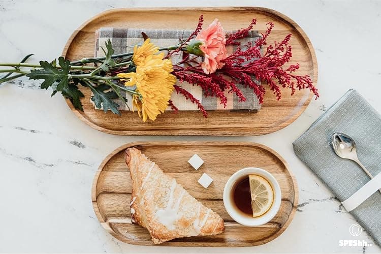 SPEShh Acacia Wooden Serving Trays Set of 2 - Rectangular Oval Shaped Wood Plates for Charcuterie Cheese Bread Fruit Vegetable Dip Sushi - Rustic Serving Platter Shallow Dishes -14x7 & 11x5.5 In. thumbnail 8