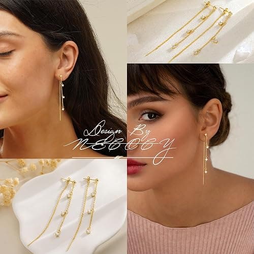 NECOCY Gold Dangle Earrings for Women Non Tarnish 14K Gold Plated Drop Wedding Hypallergenic Earring Dainty Long Hanging Chain CZ Pearl Threader Earrings Trendy Silver Plated Jewelry for Women thumbnail 6