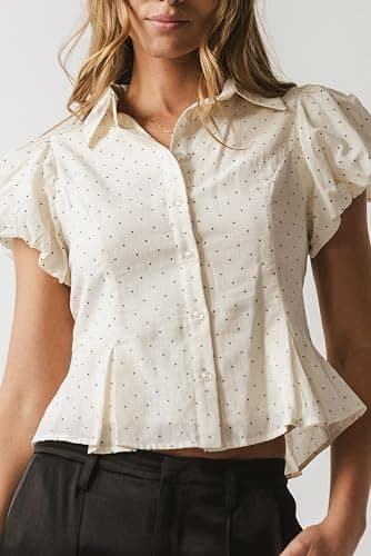 UAURORAO Women Collared Button Up Shirt Puff Short Sleeve V Neck Babydoll Blouse Ruffle Cropped Going Out Tops Teen thumbnail 2