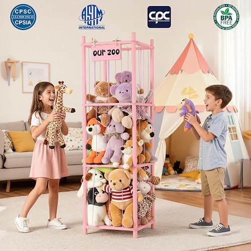 LAMU Stuffed Animal Storage, Wooden Zoo Stuffed Animal Holder with Elastic Cords, Space Save Toy Organizer, Extra Large Capacit Stuffed Animal Organizer for Playroom, Bedroom, Nursery, Pink thumbnail 9