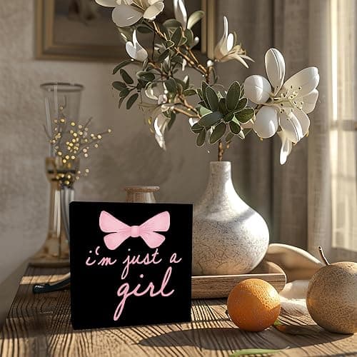 CUANFDDSF Trendy Black Pink Bow Coquette Room Decor Wooden Box Sign, Coquette Party Decor, Girls Room i’m Just a Girl Girly Bowknot Signs for Home Dorm Wall Desk Shelf Tabletop Decoration thumbnail 7