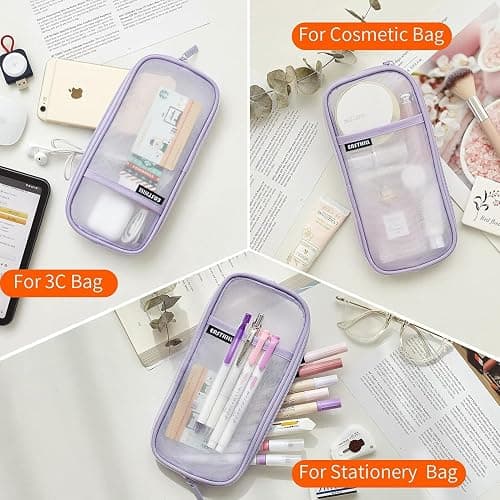 EASTHILL Grid Mesh Pen Pencil Case with Zipper Clear Makeup Color Pouch Cosmetics Bag Multi-Purpose Travel School Teen Girls Transparent Stationary Bag Office Organizer Box for Adluts(Purple) thumbnail 6