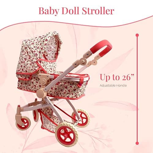 Convertible Combo Baby Doll Stroller for 3 Year Old Girls & Up | Play Toy Baby Stroller for Dolls, Folding Adjustable Bassinet Carriage Buggy with Storage Basket Converts to Sit Up Pushcart Pram, Red thumbnail 3