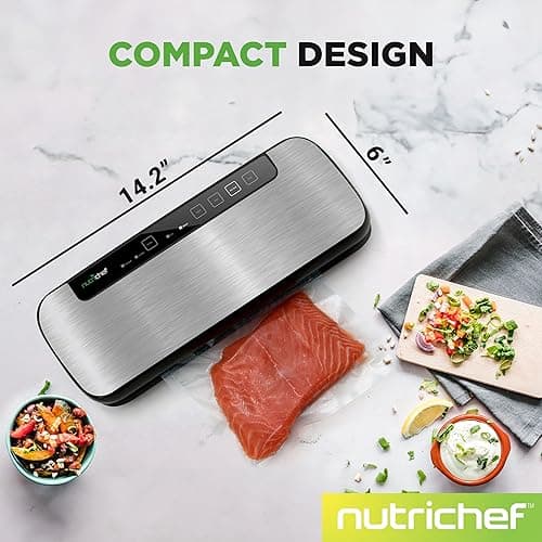 NutriChef Food Vacuum Sealer Machine, Stainless Steel Automatic Air Sealing System for Dry/Moist Foods, LED Touch Controls, Includes Vacuum Hose, Bag Roll and Wine Stopper, 110W Suction Power, 14"x6" - Stainless Steel - 14.1"L x 6"W x 3"H thumbnail 2