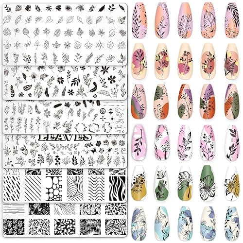 Whaline 6Pcs Spring Floral Leaves Nail Plates Stamping Set Plant Leaves Stamp Templates Nail Art Plates for DIY Print Manicure Salon Design - Image 1