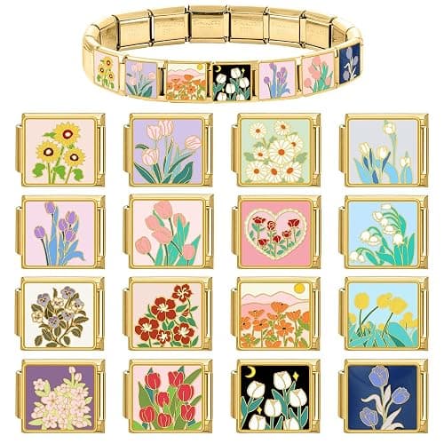 papasgix Italian Charm Bracelet Charms Gold Pack Links Bulk with Opening Tool 9mm Italian Charms Flowers Italian Modular Bracelet Links Handmade DIY Jewelry thumbnail 2