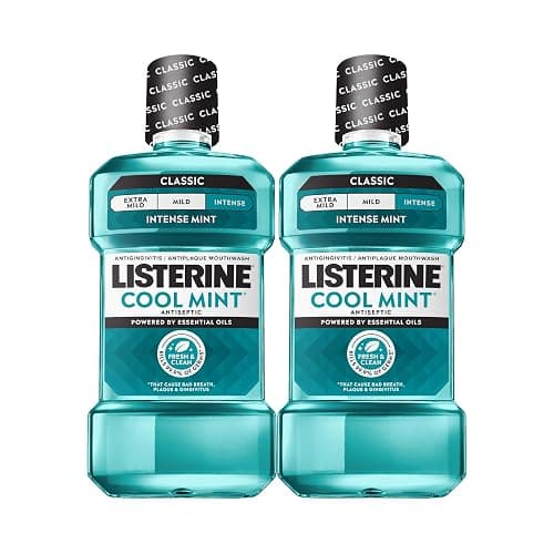 Listerine Mouthwash Cool Mint Antiseptic Treatment for Adults Kills 99.9% of Germs that Cause Bad Breath Plaque Gingivitis in a Daily Intense Mint Mouthwash, 2 Pack of 33.8 fl oz/1 L - Image 1