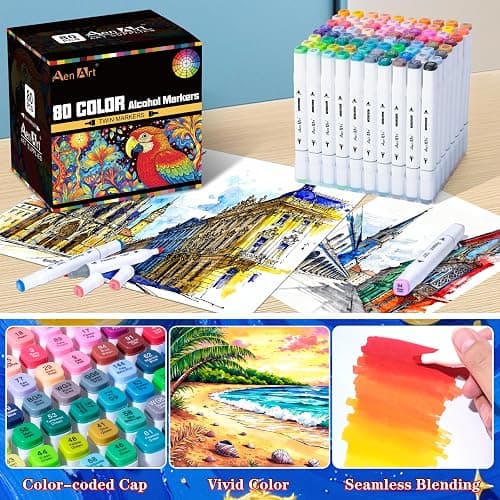 AenArt Alcohol Markers, 80 Color Dual Tip Art Drawing Markers, Artist Pens with Organizing Case for Adult Drawing Coloring Sketching（White Barrel） thumbnail 4