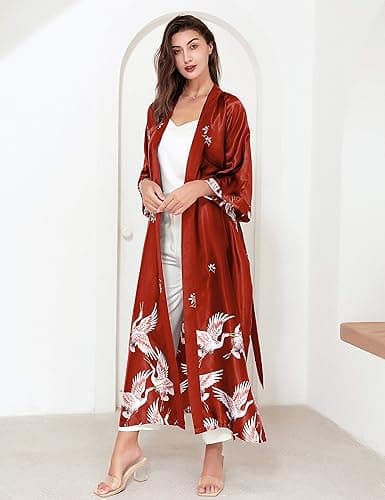 PRODESIGN Long Kimono Robe Satin Sleepwear Blouse Bathrobe Nightgown Silky Crane Kimono Cardigan Robe thumbnail 4