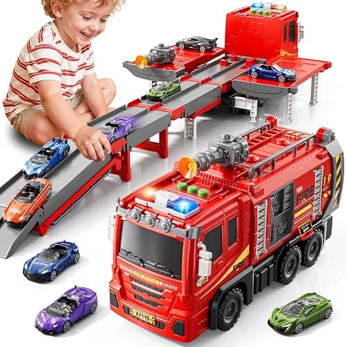 XINNOVEL Fire Trucks Toys for Toddlers Ages 3-5, Folded Carrier Truck Race Track with with Lights & Sounds and 6 Racing Car Toys, Birthday Gift for 3 4 5 6 7 8 Years Old Boys Girls - Image 1