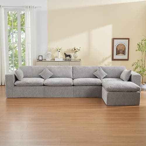 146''Cloud Boneless Sectional Couch, Modular Sectional Sofa Deep Seat with Ottoman, Oversized Upholstered Convertible Comfy 5 Seater Chenille Sofa L Shape Couches for Living Room, Light Grey - Image 1