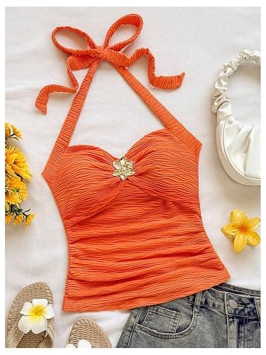 SOLY HUX Women's V Neck Halter Tops Open Back Y2k Ruched Floral Metal Summer Going Out Cami Tops thumbnail 3