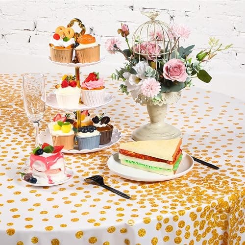 VitalCozy Round Dot Tablecloth 84 Inch Plastic Table Cover Polka Dot Confetti Tablecloths for Easter 2026 Graduation Prom Wedding Birthday Spring Party Supplies(White and Gold,12 Pcs) thumbnail 2
