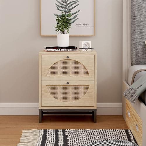 AWQM Rattan Nightstand Set of 2,Farmhouse End Table Set of 2,Wood Sofa Side Table,Accent Table with Storage, Bedside Table Accent Storage Cabinet for Bedroom Living Room,Metal Legs,Beige (W68837255) thumbnail 2