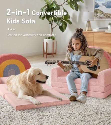 little dove Extra Wide Soft Toddler Couch Fold Out, 2-in-1 Kids Couch, Convertible Kids Sofa to Lounger, Comfy Toddler Chair, Kid Furniture for Playroom, Ideal Gifts for Boys & Girls, Pink thumbnail 4