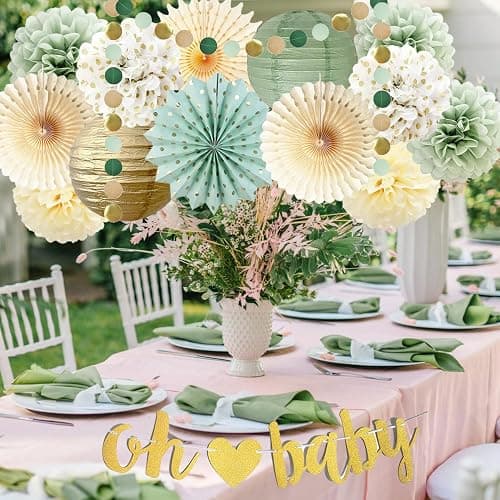 Sage Green Baby Shower Decorations Oh Baby Banner Tissue Paper Pom Poms Flowers Paper Fans Circle Dot Garland Neutral Party Supplies Boy Girl Gender Reveal Birthday Party Decorations thumbnail 5